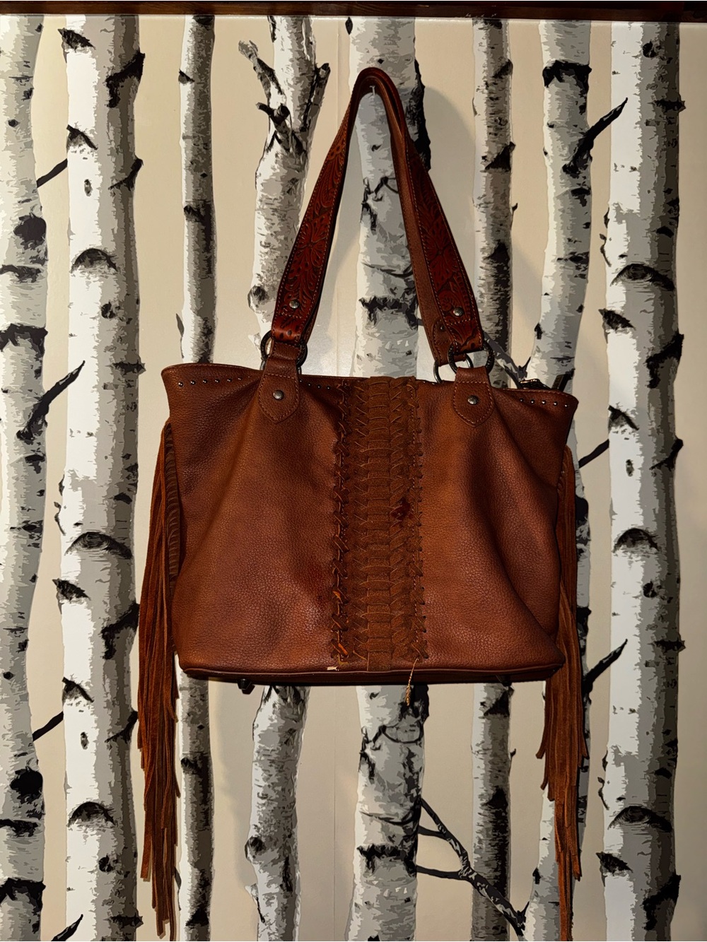 Fringed Braided Leather Shoulder Bag - Brown